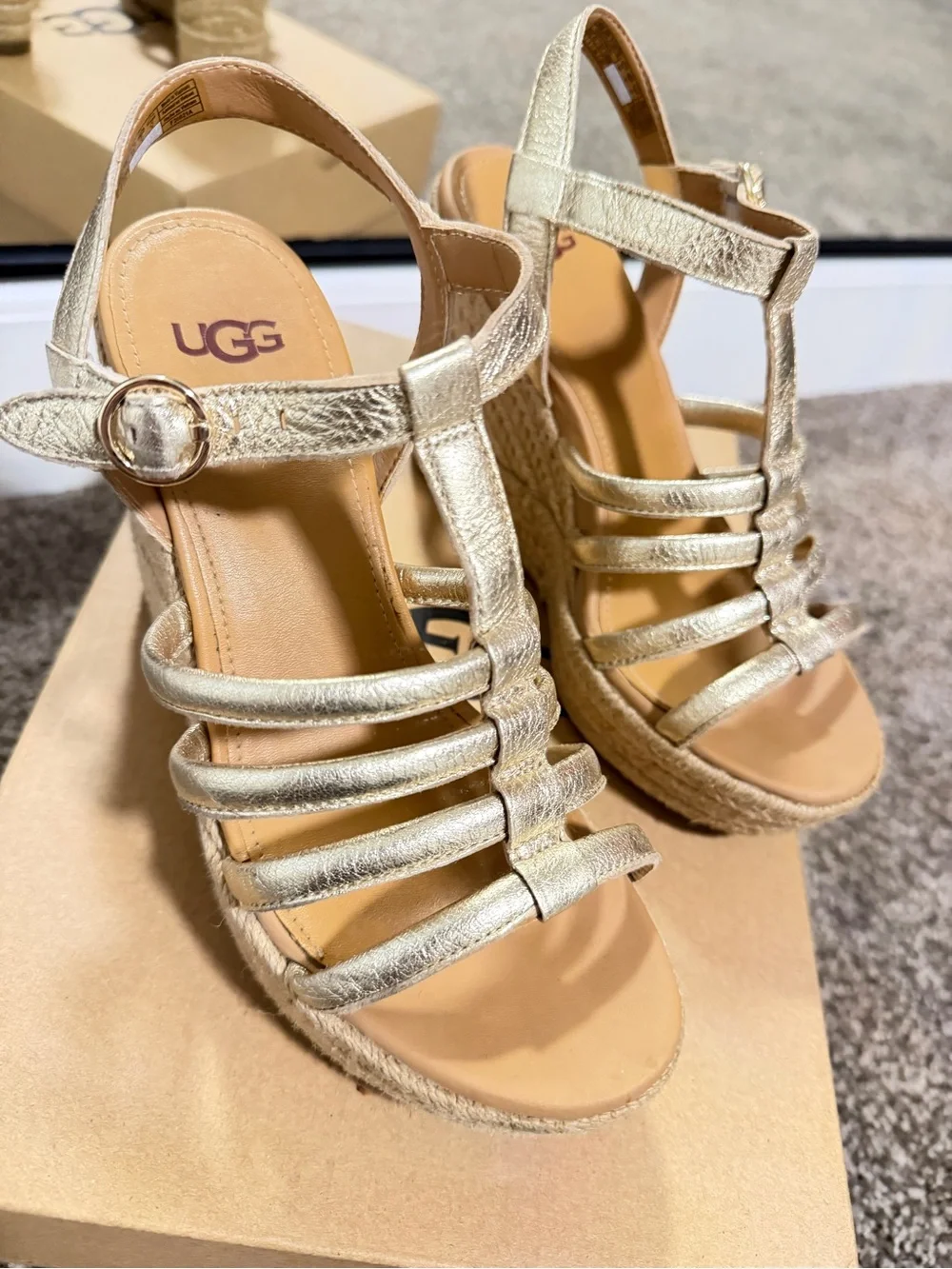 UGG Metallic Gold Strappy Wedge Sandals